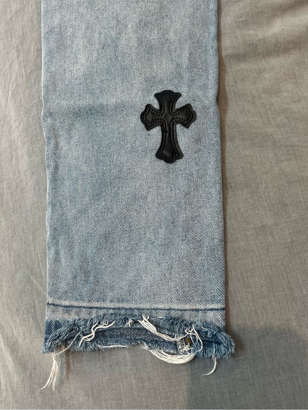 Chrome Hearts Light Blue Slim Straight Jeans with Black Cross Patches - Picture 7 of 8